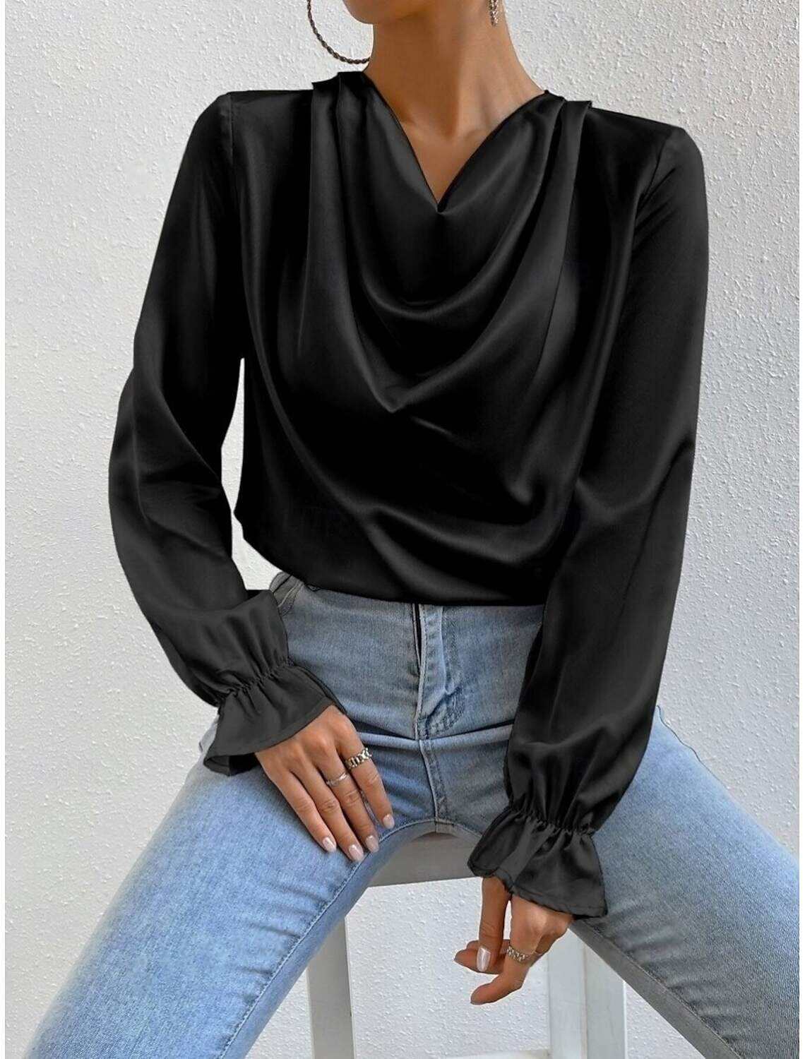 Women's Shirt Blouse Stylish Casual Solid Color Regular Tops Long Sleeve Cowl Neck Ruched Regular Fit Daily Summer Spring