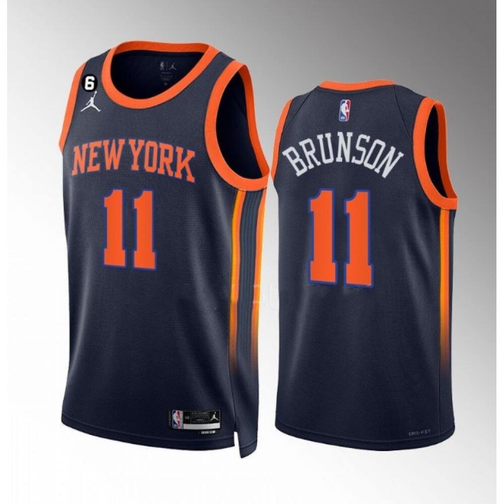 Men's New Yok Knicks #11 Jalen Brunson Navy Statement Edition With NO.6 Patch Stitched Basketball Jersey