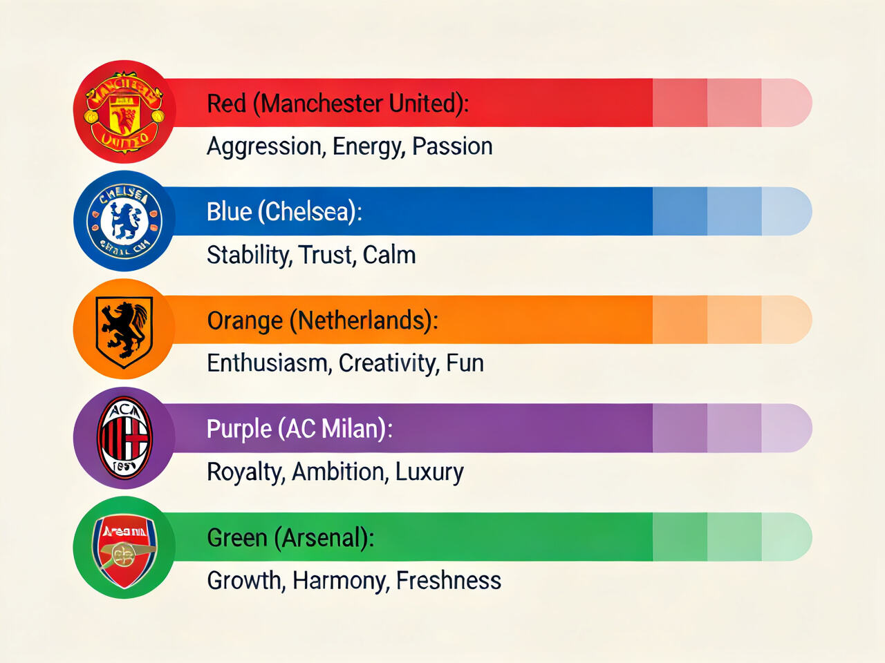  A clean, modern infographic linking major colors (Red, Blue, Orange, Purple, Green) to psychological traits like aggression, trust, enthusiasm, and ambition, with logos of representative NCAA teams listed below each color.