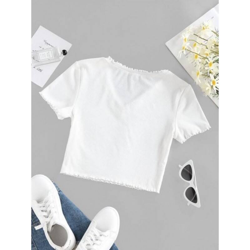 Ribbed Lettuce Trim V Neck T Shirt HE2990