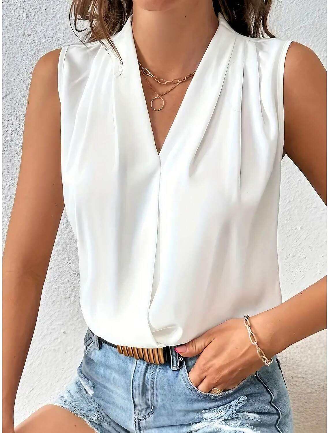 Women's Blouse Pleated Wrap Satin Solid / Plain Color Basic Casual V Neck Sleeveless Summer