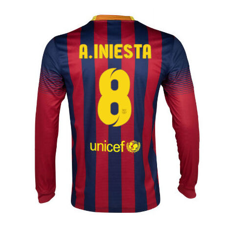 13-14 Barcelona 8 AIniesta Home Long Sleeve Soccer Jersey Shirt -