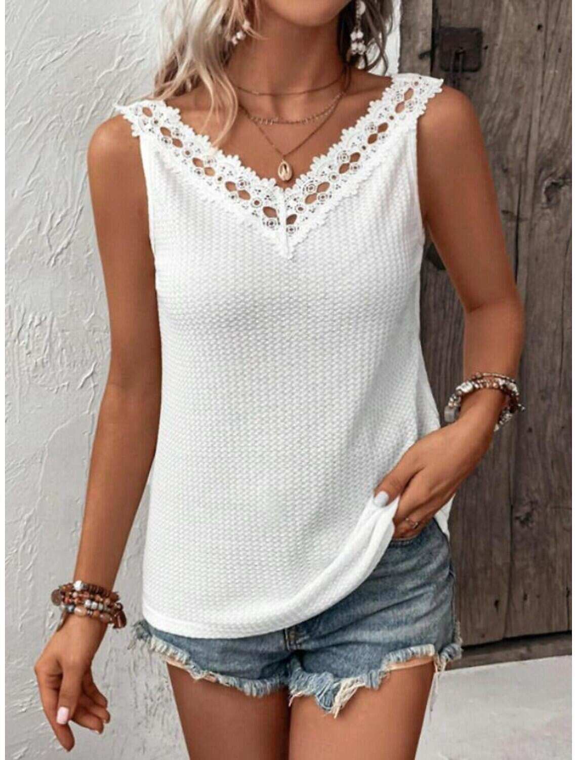 Women's Shirt Dressy Tops Stylish Lace Eyelet Sleeveless Sleeveless V Neck Daily Summer