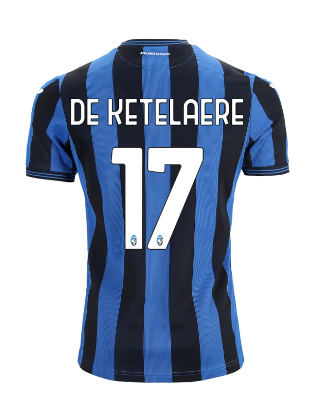 Atalanta's 24-25 Season Home Jersey Featuring DE KETELAERE with the Number 17