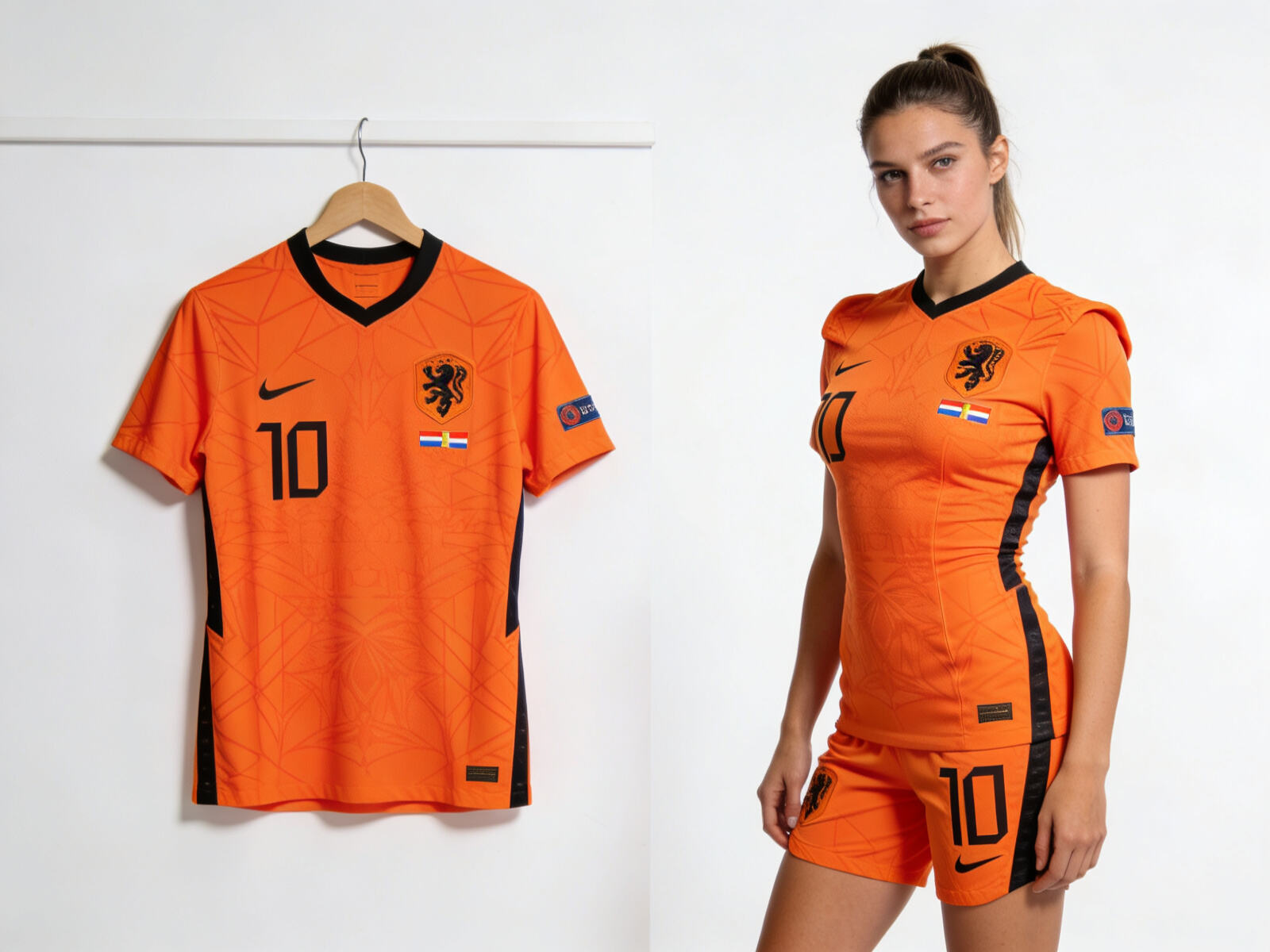 A female model confidently wearing a tailored women‘s fit Netherlands home jersey, showcasing its modern, contoured silhouette designed for a flattering look on and off the pitch.