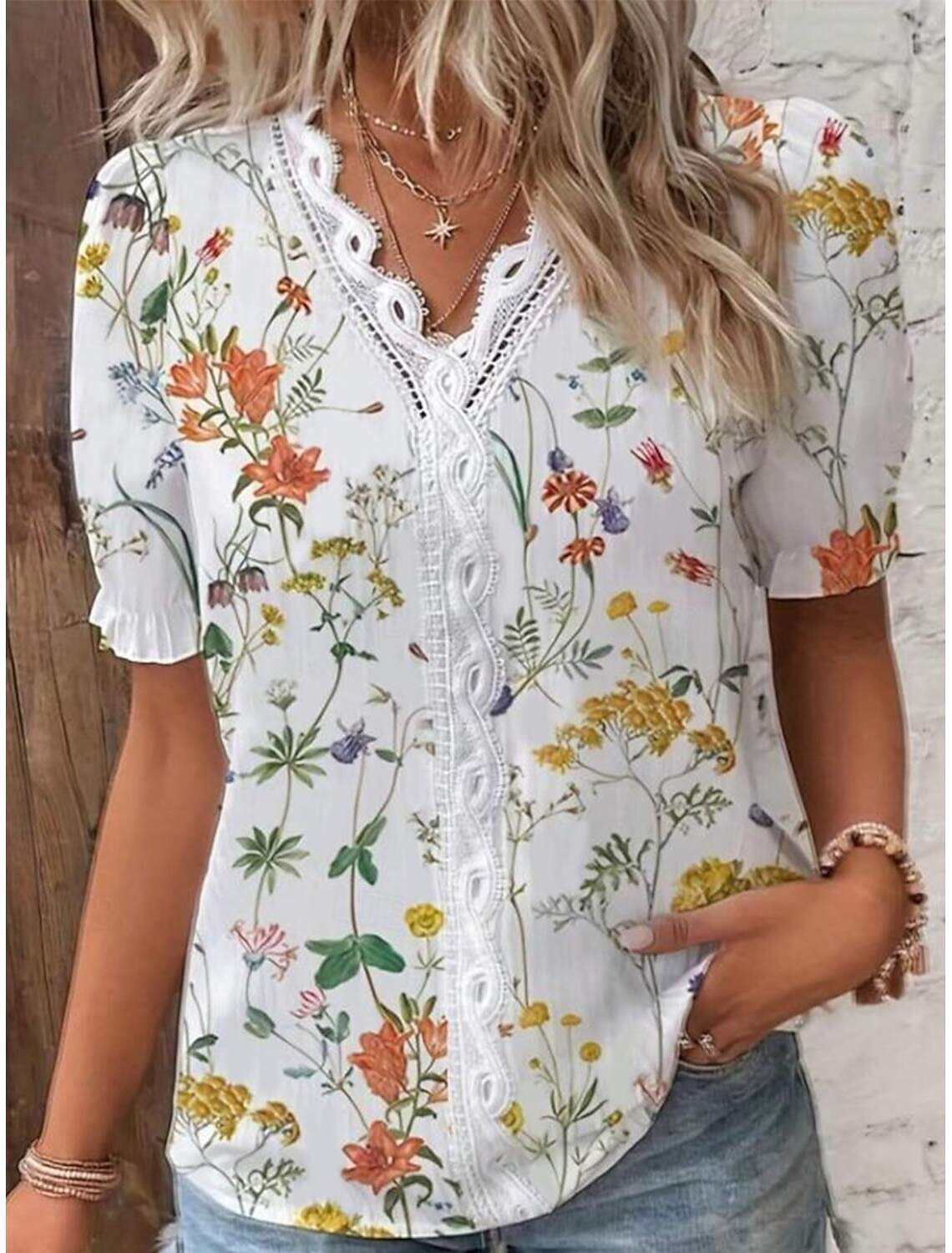 Women's Elegant Lace Tops Eyelet Blouse Ethnic Floral Lace Puff Sleeve Short Sleeve V Neck Daily Romantic Petite Tops Summer Holiday Wear Summer