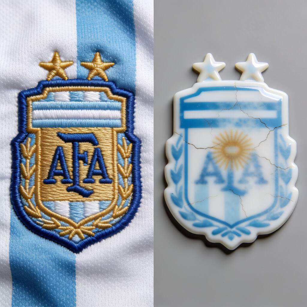 A comparison collage showing close-ups of high-quality embroidery vs. poor-quality printing on a jersey badge.
