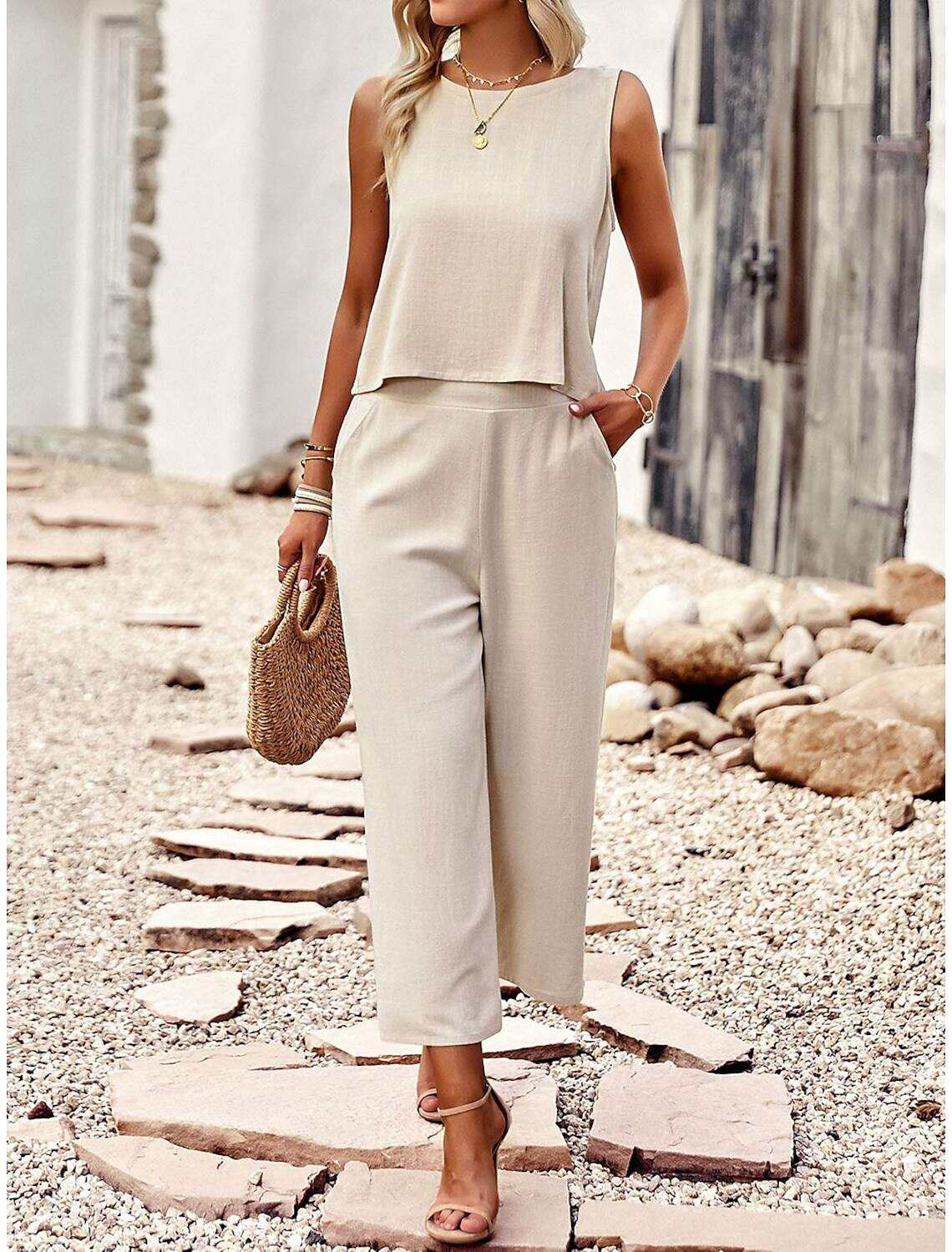 Tank Top Pants Sets Women's Solid Color Casual Daily Fashion Round Neck Regular Fit S