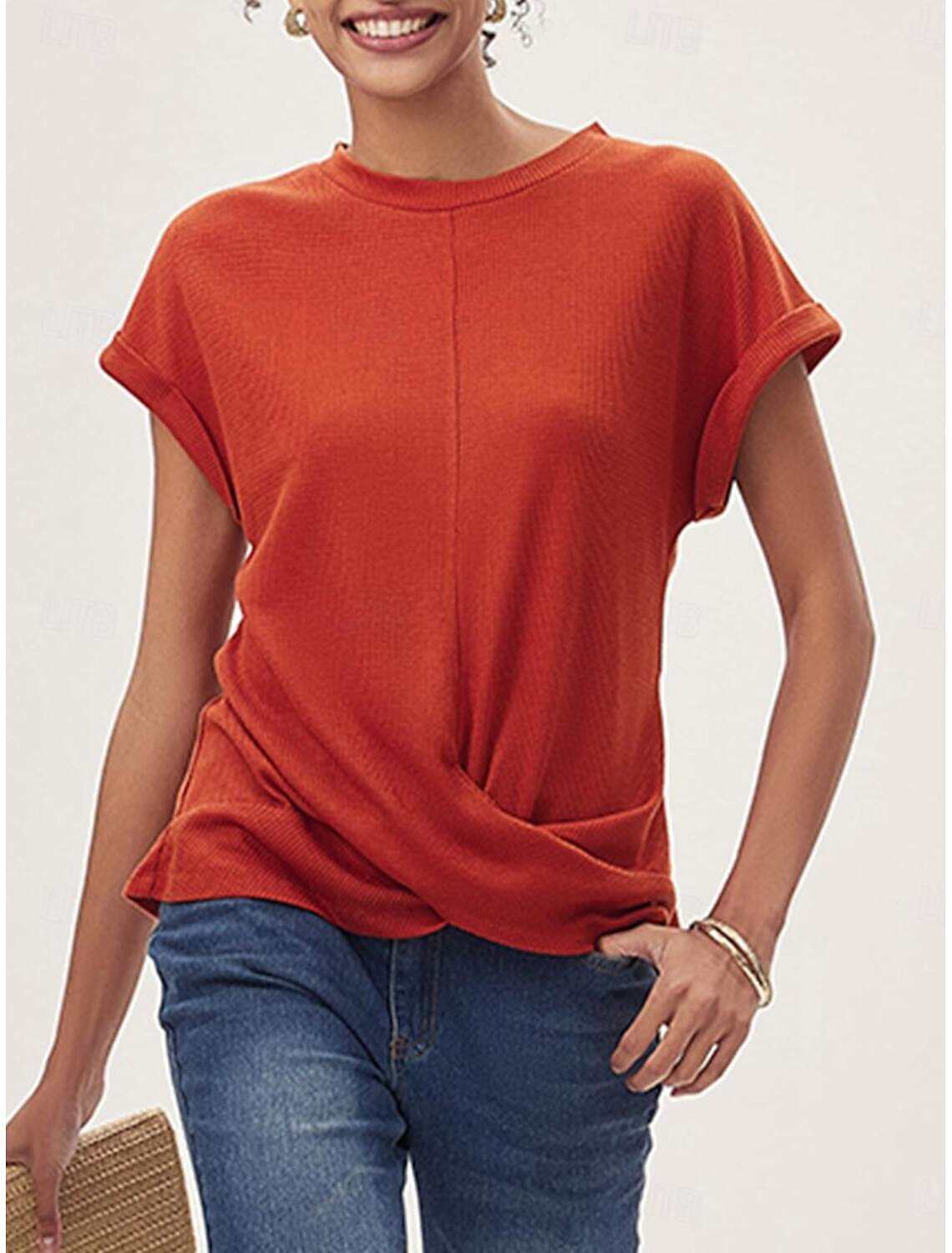 Women's Knitted Top V-neck Short Sleeve Elastic Soft Burnt Casual Loose Fit Versatile Spring Fall Clothing Apparel