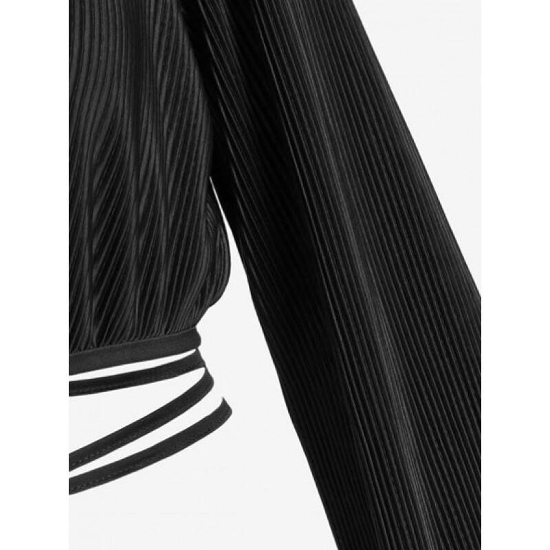 Long Sleeve Plisse Cropped Wrap Blouse GG2906