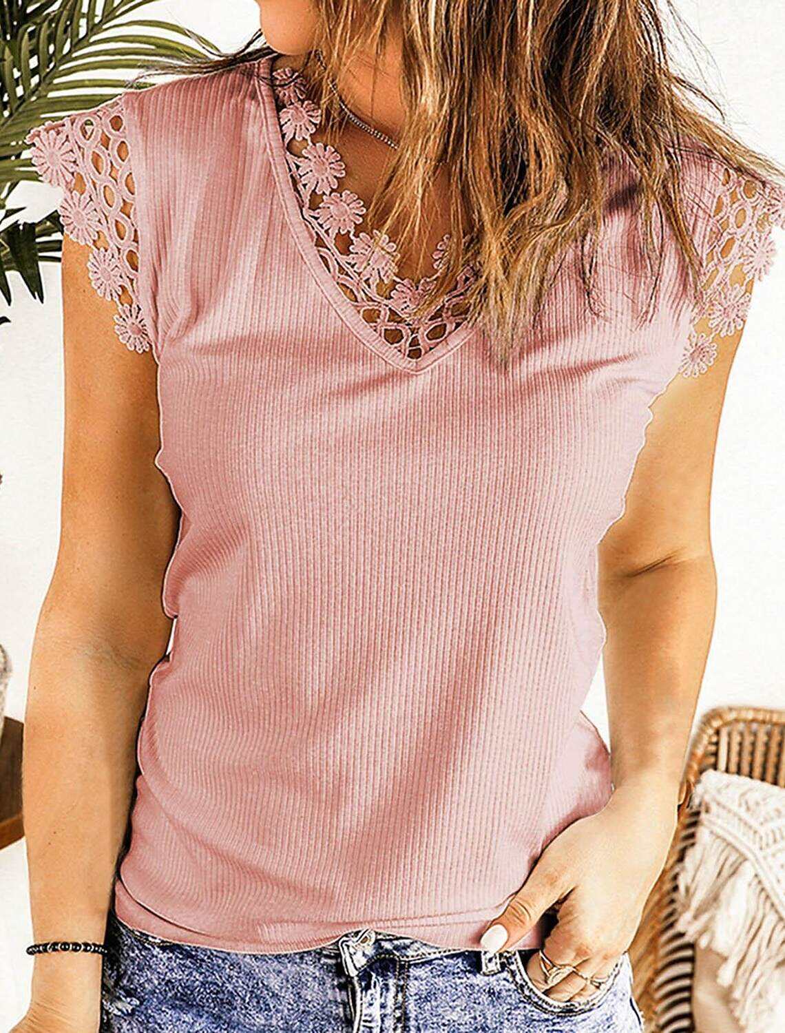 Shirt Blouse Women's Plain Lace Street Daily Fashion V Neck Regular Fit S