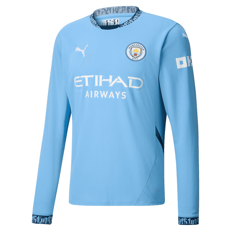 Manchester City's 24-25 Home Long Sleeve Jersey, featuring Kevin De Bruyne with the number 17.