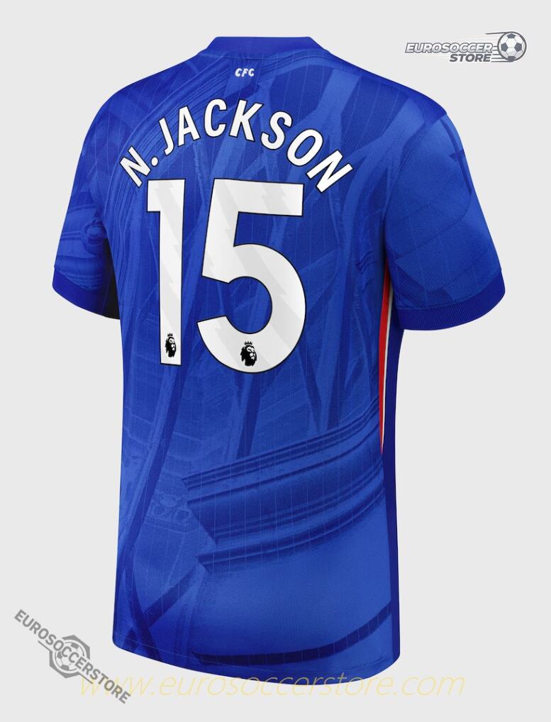 Chelsea's 25-26 Home Jersey featuring N.JACKSON with the number 15