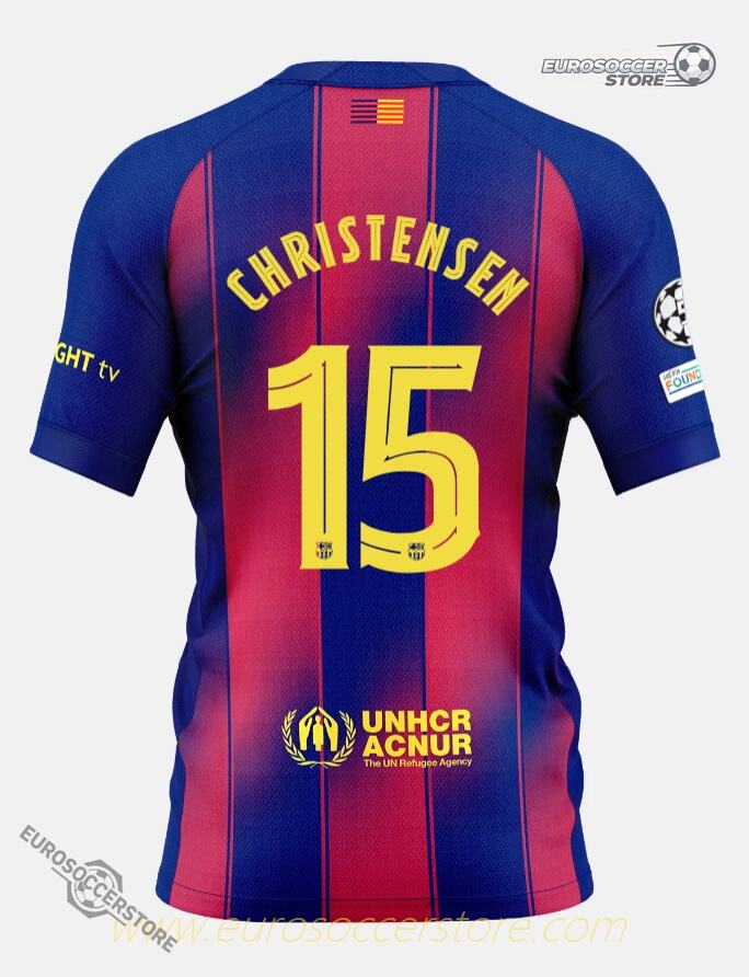 Barcelona's 25-26 Champions League Home Jersey featuring CHRISTENSEN with the number 15
