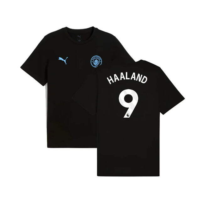 Women's 2025-2026 Man City FtblESS Tee (Black) (Haaland 9)