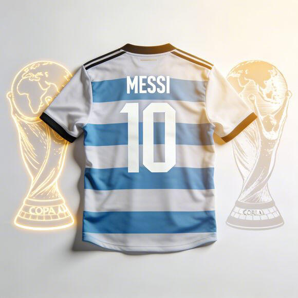 Blue white stripes, number 10, MESSI name, glowing Copa America World Cup trophies, photorealistic product shot, emotional lighting