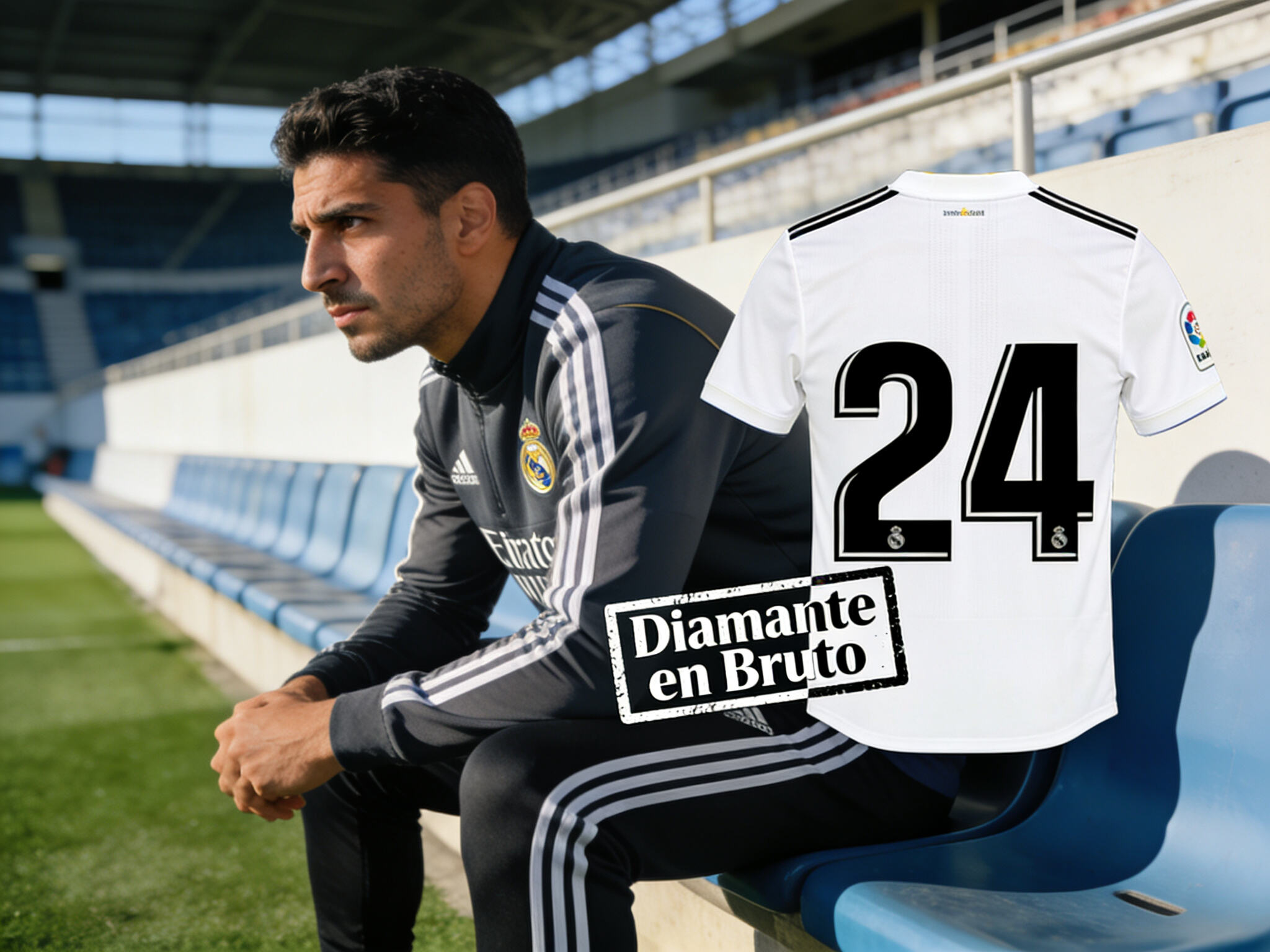 G&uuml;ler en el banquillo del Madrid mirando al campo, con determinaci&oacute;n. Inserci&oacute;n de su camiseta con un sello visual de "Diamante en Bruto"