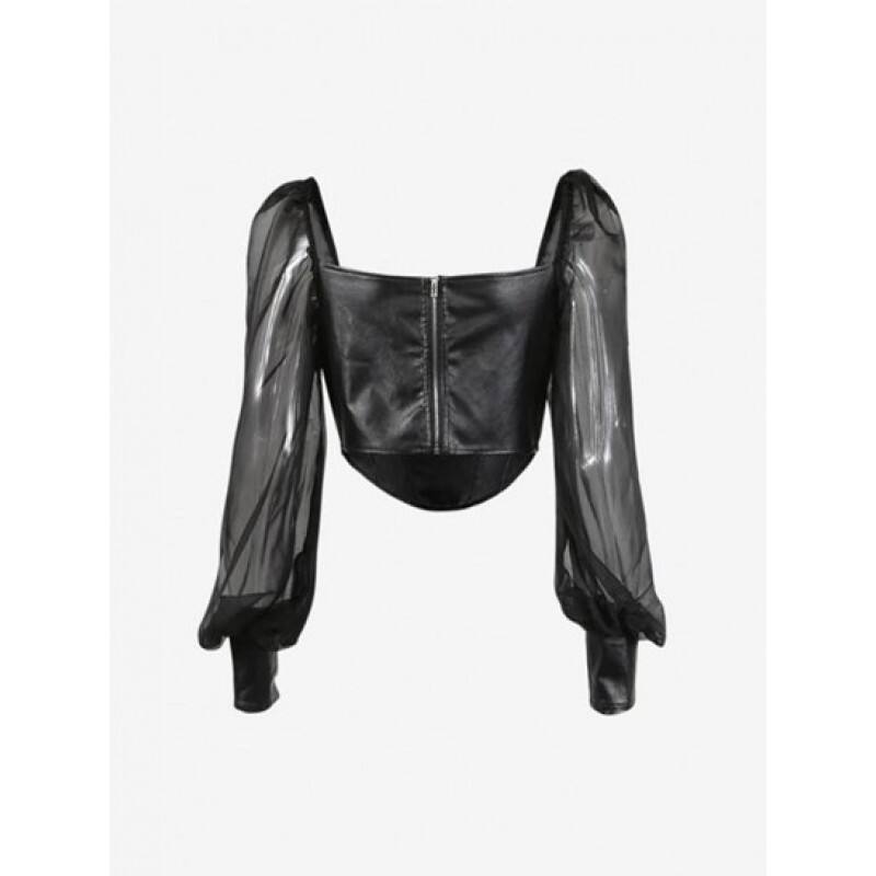 See Thru Puff Sleeve PU Corset Top MD2443