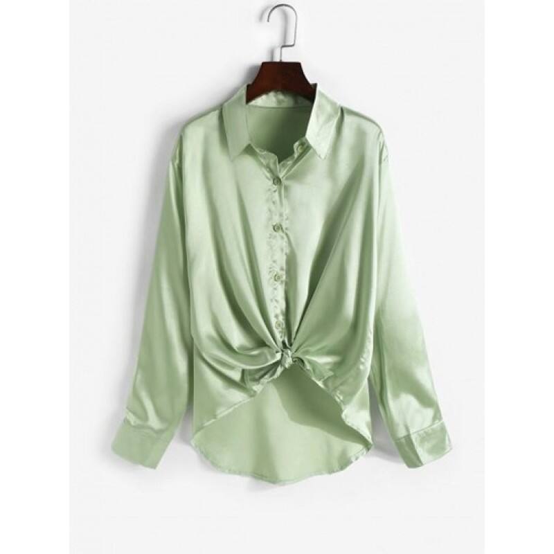 Neutral Solid Silky Satin Button Down Shirt LD1955