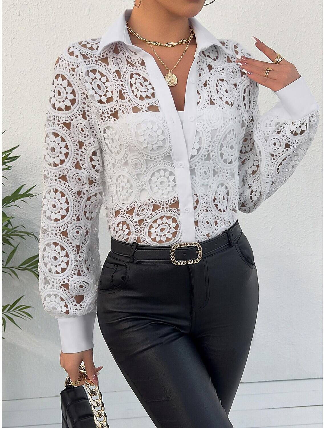 Shirt Lace Shirt Blouse Eyelet top Women's Plain Lace Button Street Daily Fashion Shirt Collar Regular Fit S