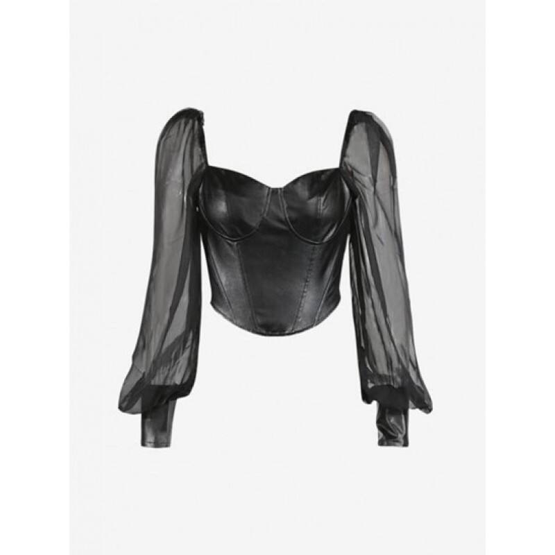 See Thru Puff Sleeve PU Corset Top MD2443