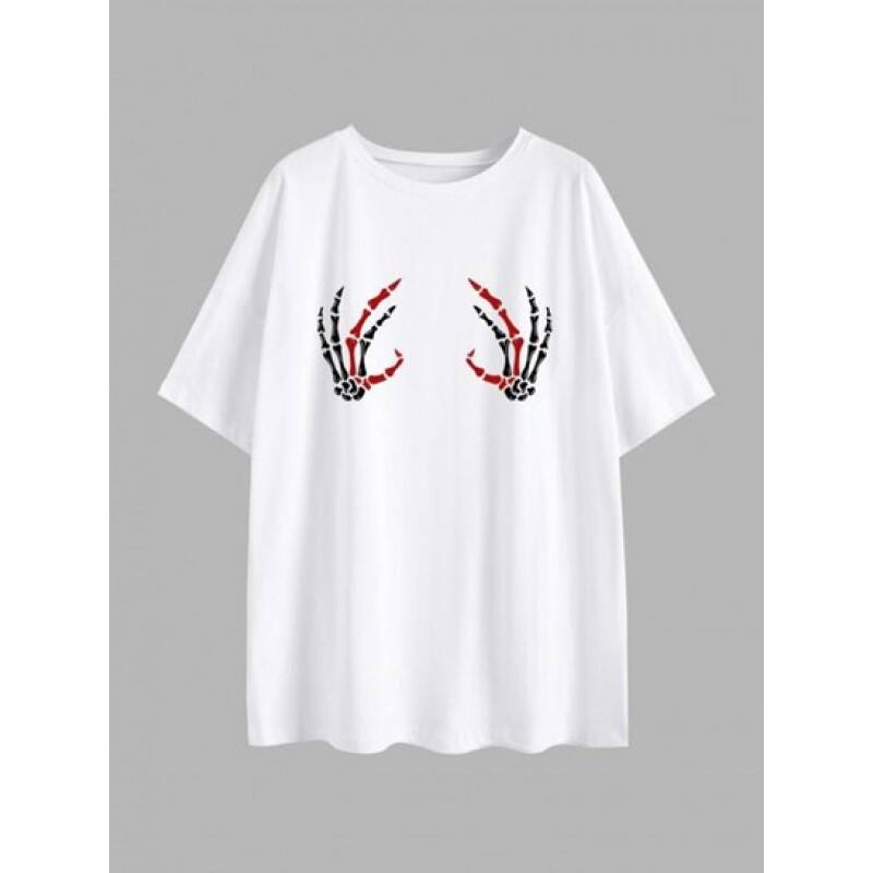 Halloween Skeleton Hand Print Drop Shoulder T Shirt LU1974