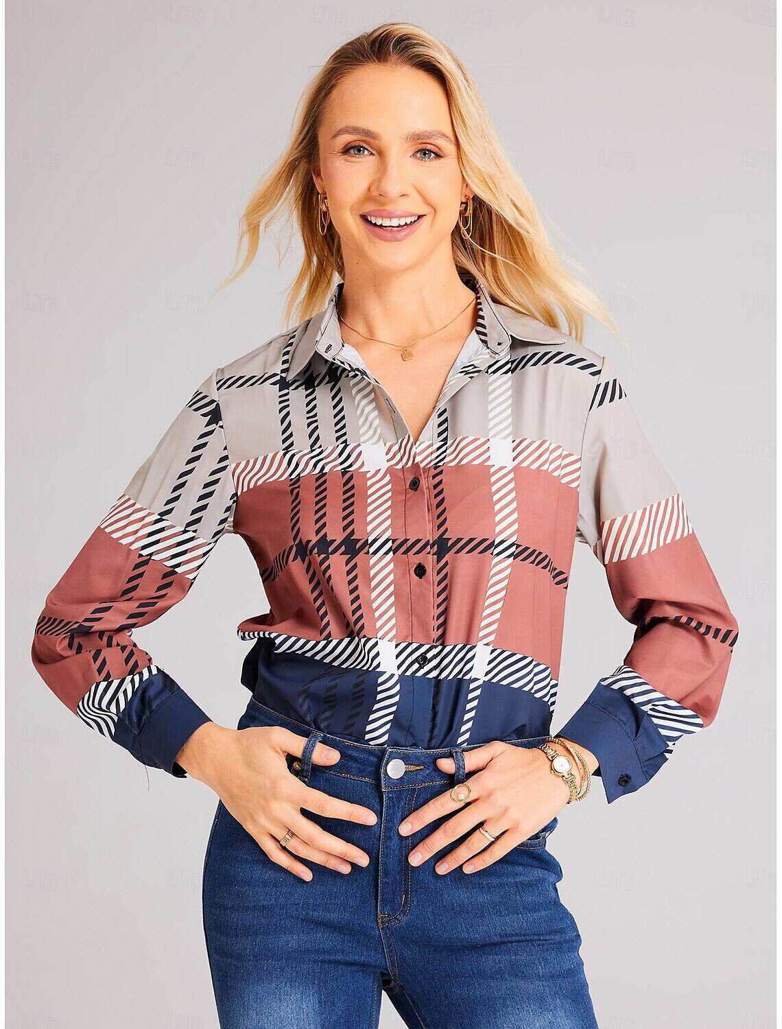 Women's Shirt Blouse Fashion Plaid Buttons Print Long Sleeve Regular Tops Shirt Collar Casual Spring & Fall