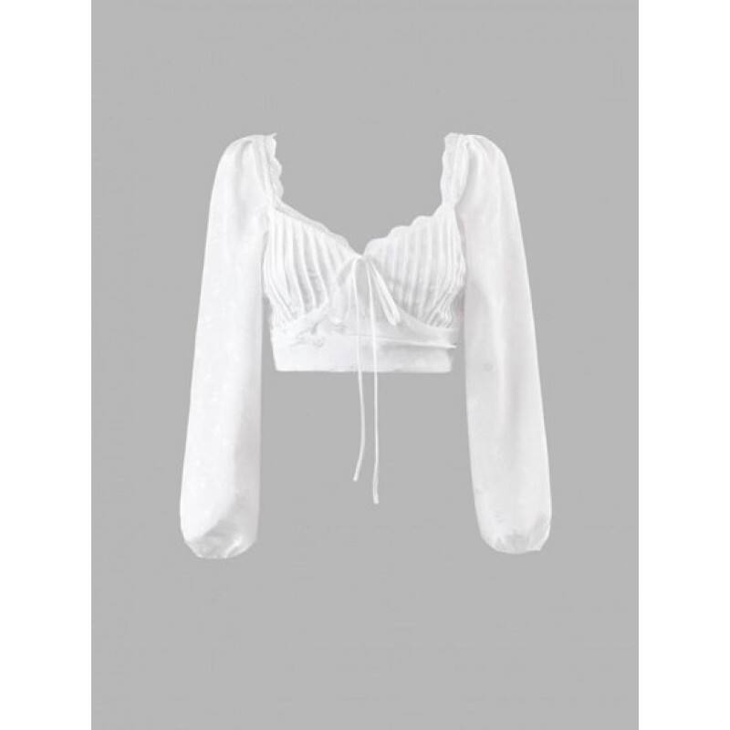 Flower Jacquard Lace Insert Pintuck Smocked Crop Blouse YN5246