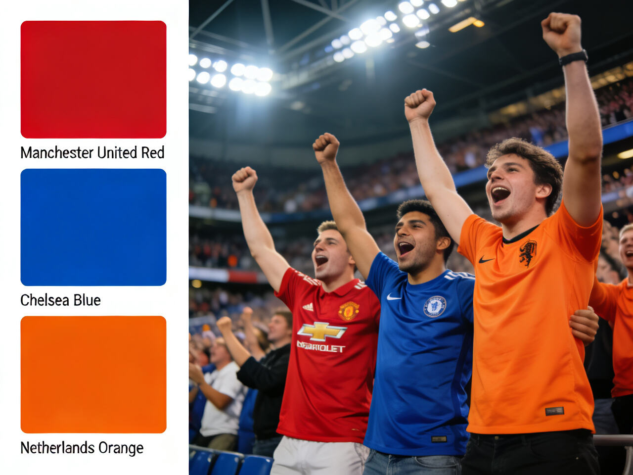 A split-image collage: on the left, solid color swatches of iconic NCAA team palettes like Alabama Crimson, Michigan Maize & Blue, and Clemson Orange & Purple. On the right, passionate fans wearing matching jerseys create a vibrant sea of color in a stadium.