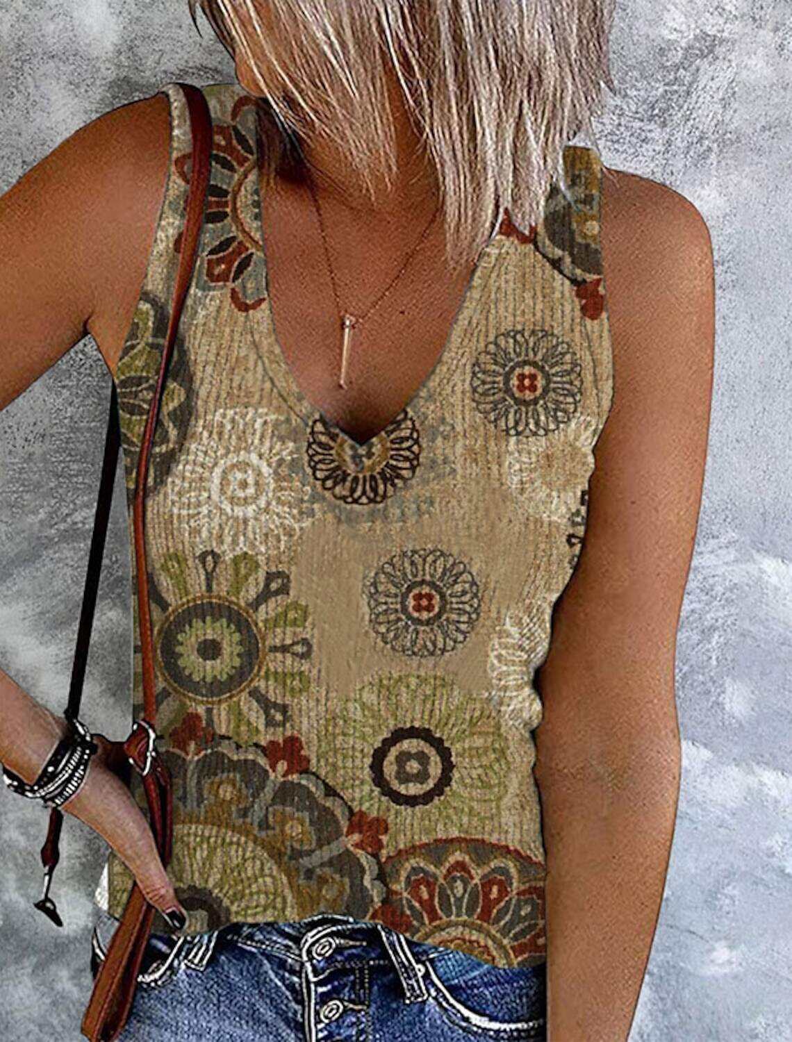 Women's Plus Size Tank Top Going Out Tops Vest Concert Tops Streetwear Casual Floral Buttons Print Sleeveless Regular Tops V Neck Holiday