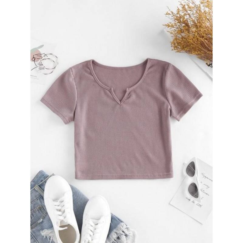 Knitted V Notch Crop T Shirt GD6439