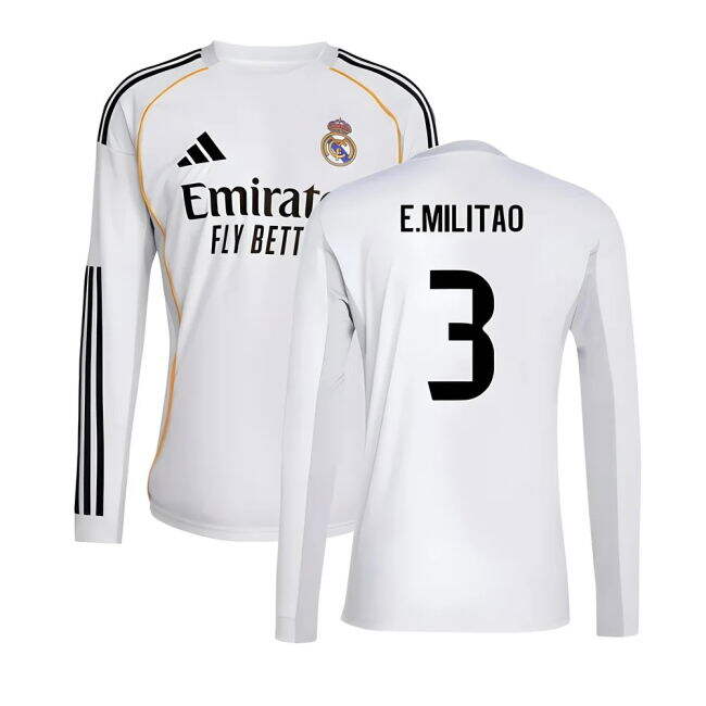 2025-2026 Real Madrid Long Sleeve Home Shirt (E.Militao 3) - Suppor...