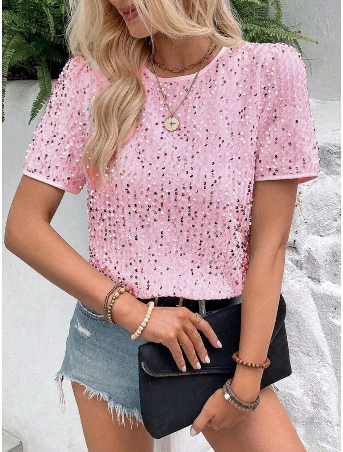 Women's T Shirt Fashion Modern Casual Plain Regular Tops Short Sleeve Crew Neck Sequins Regular Fit Daily Weekend Summer Spring