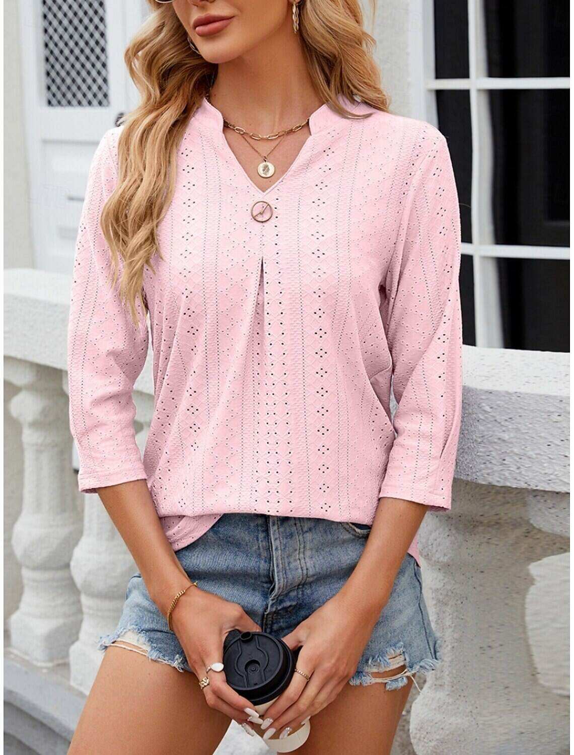 Women's Shirt Blouse Stylish Casual Floral Regular Tops Long Sleeve Notched Neck Eyelet Regular Fit Daily Summer Spring