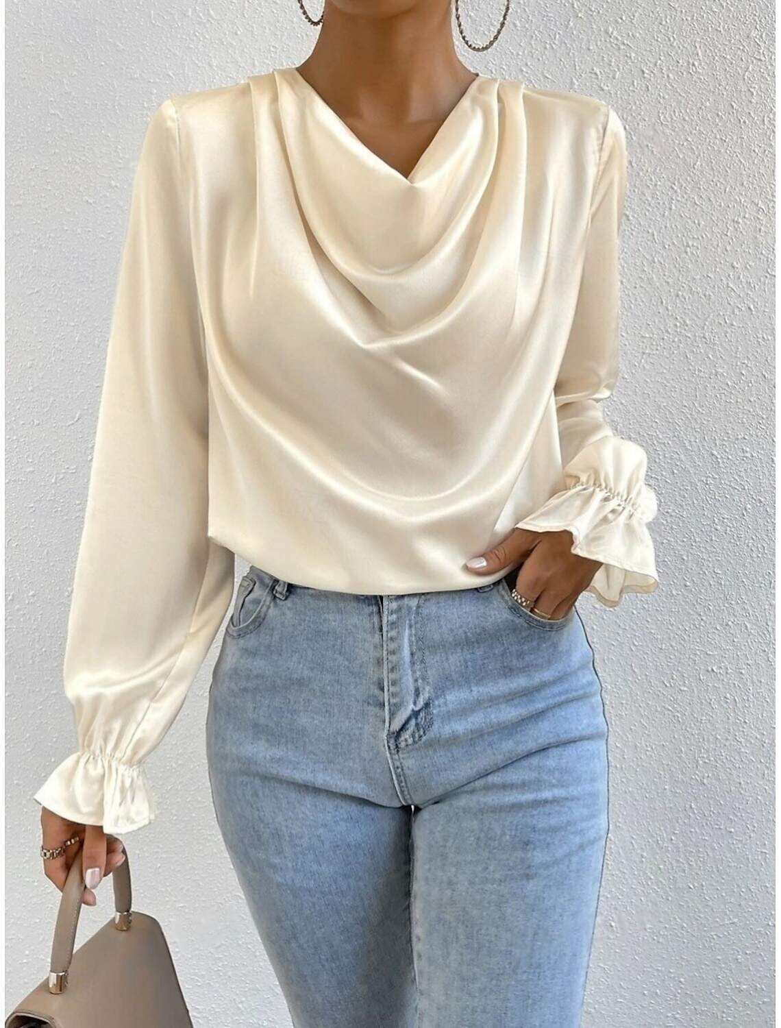 Women's Shirt Blouse Stylish Casual Solid Color Regular Tops Long Sleeve Cowl Neck Ruched Regular Fit Daily Summer Spring