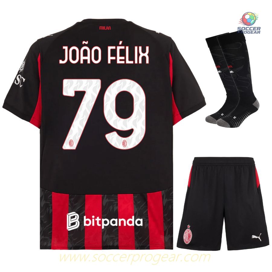 AC Milan Home Soccer Uniform Kids Edition Soccer Team Shirt 2025-2026 Season Joao Felix