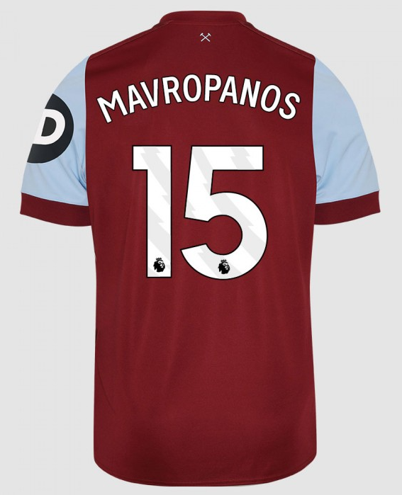 West Ham United's 23-24 Home Jersey with MAVROPANOS and the number 15