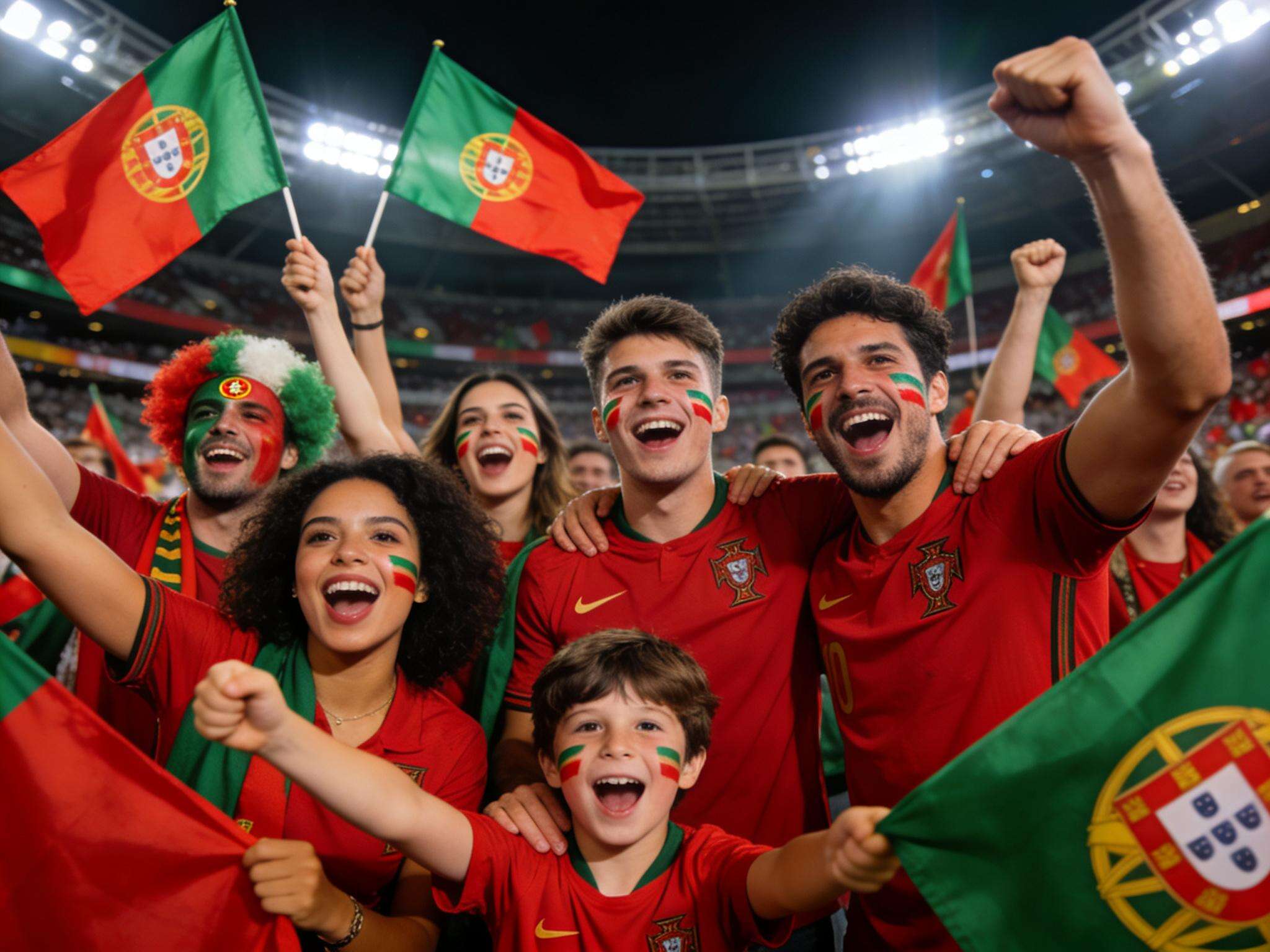 Energetic scene of passionate Portugal fans with faces painted, wearing jerseys, and celebrating together, capturing the emotional fervor of supporting the team.