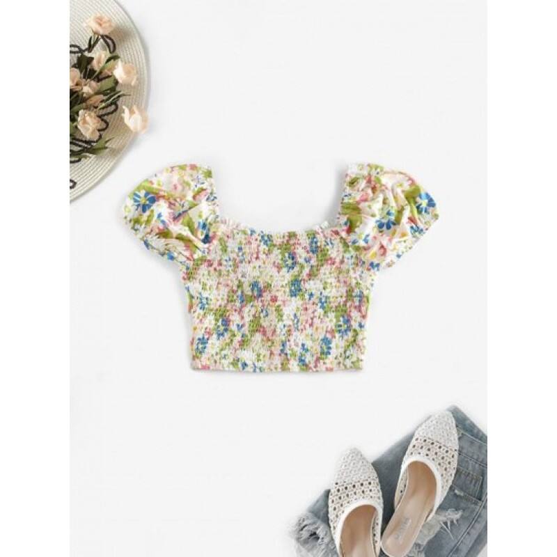 Floral Print Puff Sleeve Shirred Cropped  Blouse ZX9579