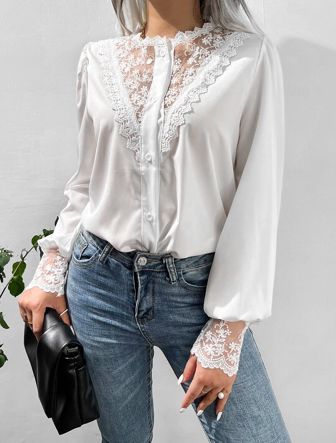 Women's Blouse Stylish Modern Lace Long Sleeve Regular Tops Crew Neck Work Daily Spring Fall