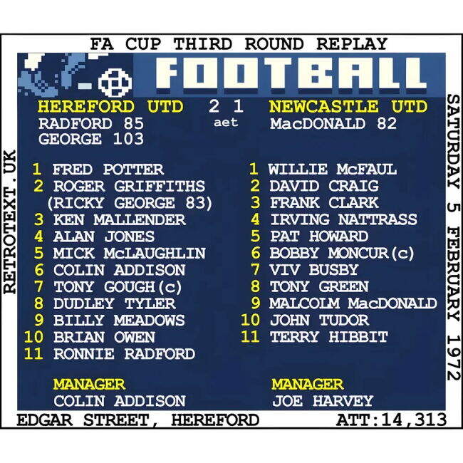 1972 Hereford Utd v Newcastle United Retrotext - White T-Shirt - He...