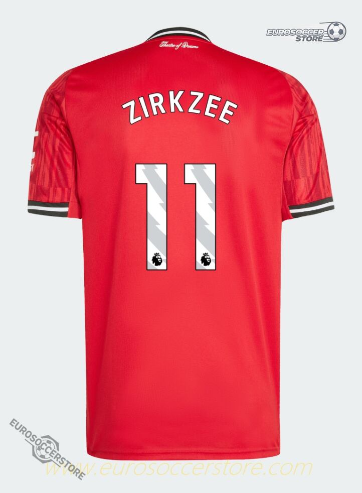 The home jersey of Manchester United for the 25-26 season, featuring ZIRKZEE wearing the number 11.