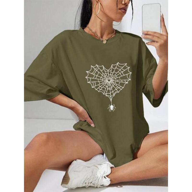 Halloween Spider Web Spider Print Drop Shoulder T Shirt MG0675
