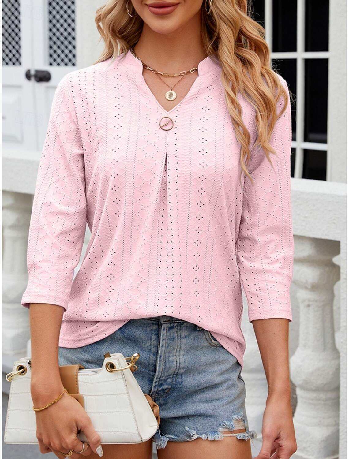 Women's Shirt Blouse Stylish Casual Floral Regular Tops Long Sleeve Notched Neck Eyelet Regular Fit Daily Summer Spring