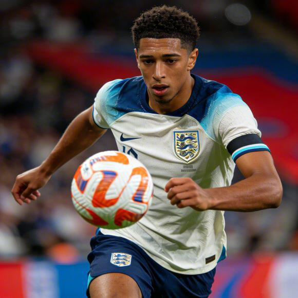Jude Bellingham, England kit, mid-action controlling ball, Three Lions badge, jersey fabric details, action sports photography