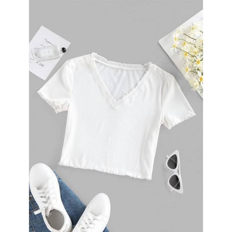 Ribbed Lettuce Trim V Neck T Shirt HE2990
