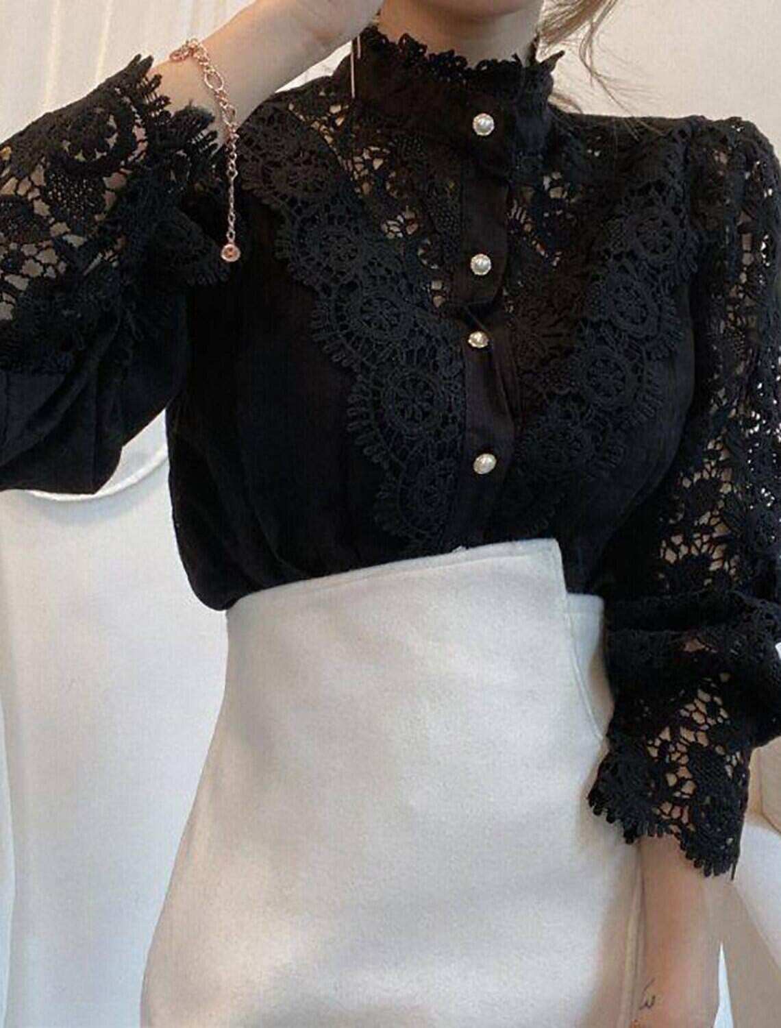 Women's Lace Shirt Blouse Eyelet top  Lace Shirt Elegant Fashion Elegant & Luxurious Solid Colored Shirt Collar Hole Regular Fit Daily Spring Fall Winter Fall & Winter