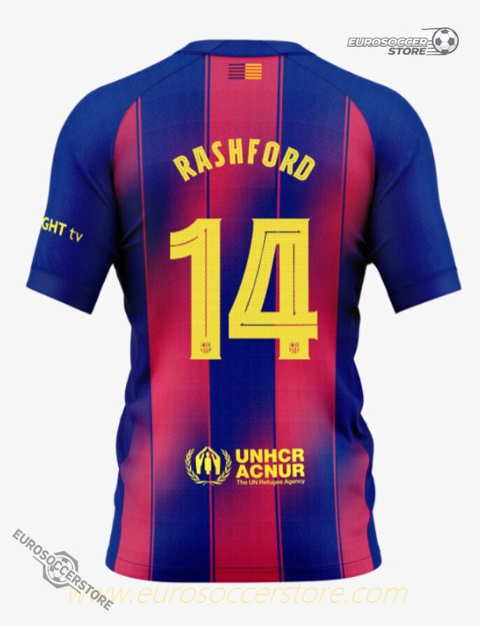 Barcelona's 25-26 Champions League Home Jersey featuring RASHFORD with the number 14