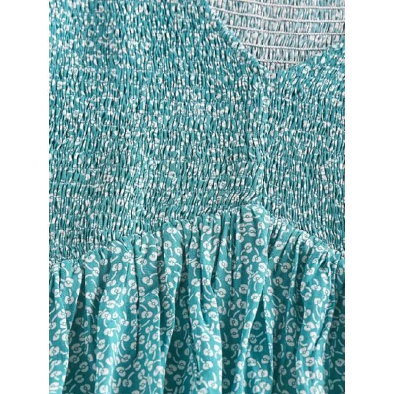 Ditsy Print Smocked Puff Sleeve Peplum Blouse XW4836