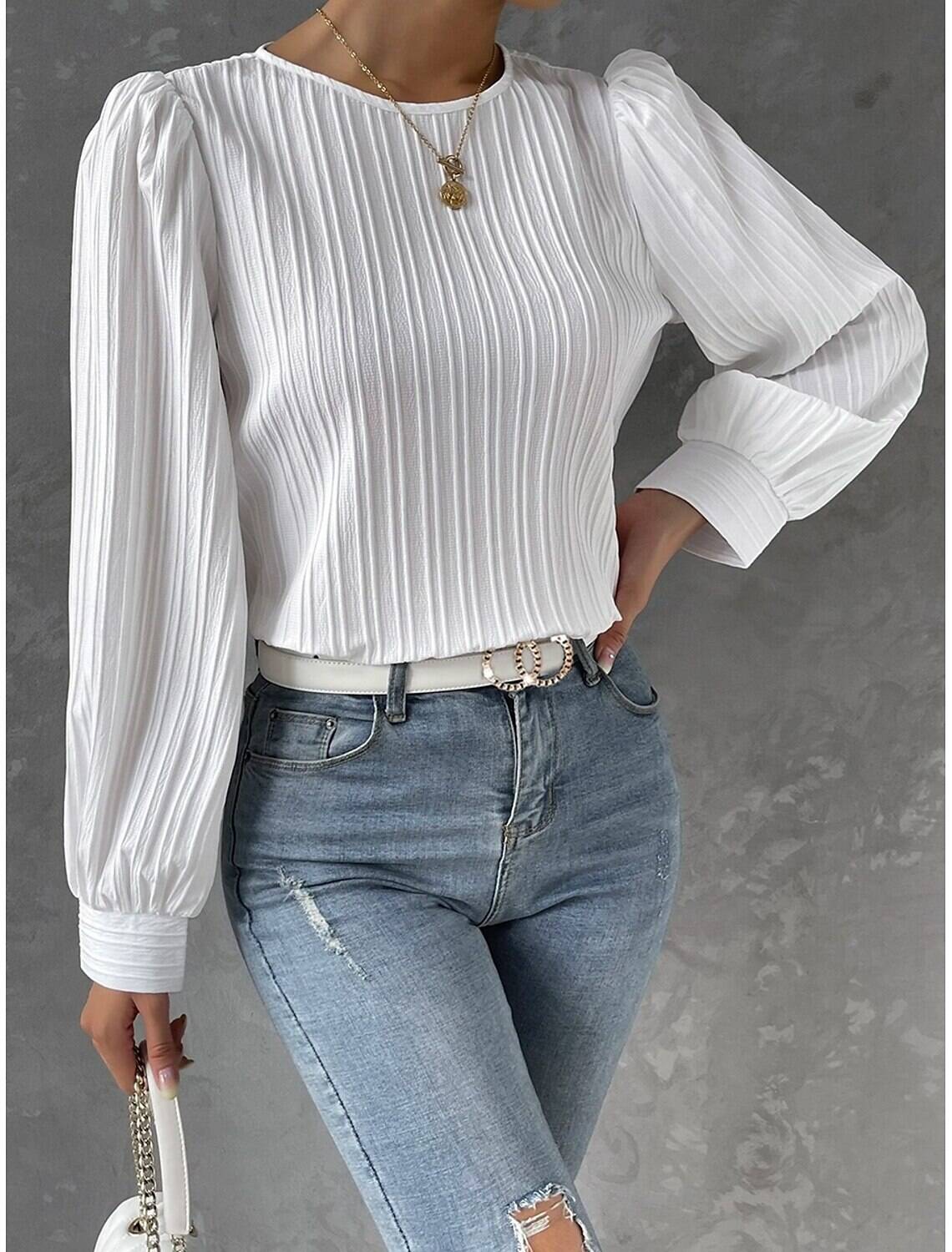 Women's Tunic Elegant Casual Solid Color Lantern Sleeve Long Sleeve Regular Tops Crew Neck Daily Spring Fall